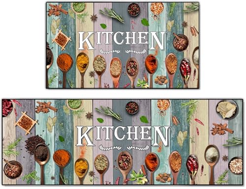 Kitchen Mats for Floor 2 Piece Decorative Set, Farmhouse Spices Kitchen Rug, Absorbent Washable Non-Slip Floor Mats 17x30+17x47 Inches - color: Spice