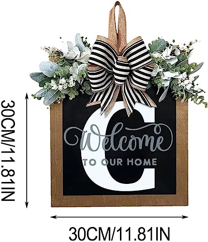 Last Name All Year Round Front Door Wreath with 26 Initial Letter Welcome Sign All Seasons Eucalyptus Garland and Bow ，Farmhouse, Porch, for Spring Summer Fall All Seasons Holiday Halloween Christmas.（C） - color: C