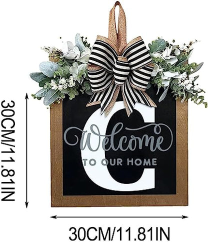 Last Name All Year Round Front Door Wreath with 26 Initial Letter Welcome Sign All Seasons Eucalyptus Garland and Bow ，Farmhouse, Porch, for Spring Summer Fall All Seasons Holiday Halloween Christmas.（C） - color: C