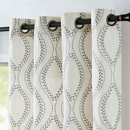 jinchan Boho Linen Curtains 63 Inch Grey on Beige Grommet 2 Panels - color: Vine Grey, size: 50"W x 63"L (Pack of 2)