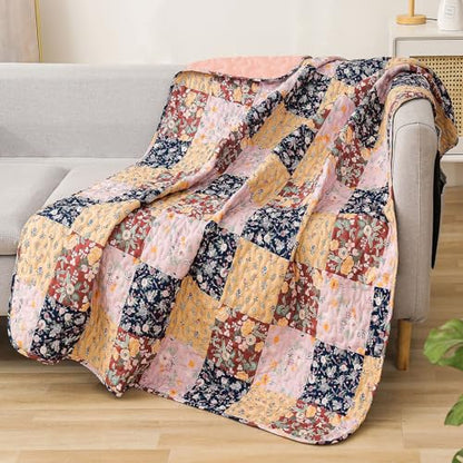 Exclusivo Mezcla Reversible Boho Quilted Throw Blanket, 50"x 60" - color: Floral Brown, size: 50 x 60 inch