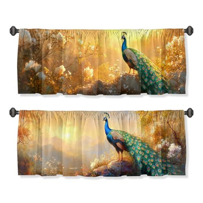 Peacock Curtain Valance for Windows 2 Pack Mountain Green Tree Blue Sky Sunlight Rod Pocket Window Treatments Short Curtains for Kitchen Windows Bathroom Bedroom 54x18 Inch - color: Peacock