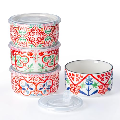 Ceramic Bowl with Lid, Microwave Safe, Set of 4 - color: color A1 - Set of 4