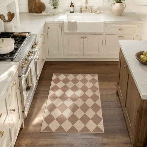 Easy Jute Kitchen Rug 2x3 Front Door Mat Washable Non Slip Entryway Rug Farmhouse Neutral Low Pil Carpet for Entryway Proch Doorway - color: Brown/Checkered, size: 2'*3'(Rectangular)