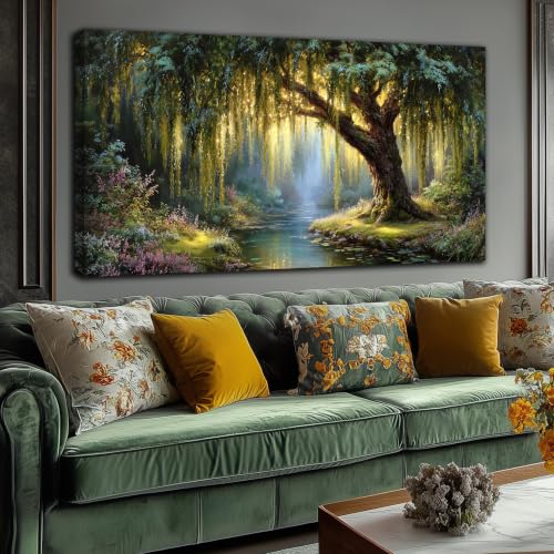 Green Willow Tree Canvas Wall Art Large Botanical Nature Wall Painting - color: Green, size: 58"L x 29"W