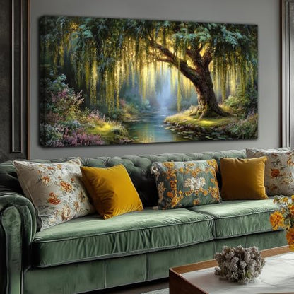 Green Willow Tree Canvas Wall Art Large Botanical Nature Wall Painting - color: Green, size: 58"L x 29"W
