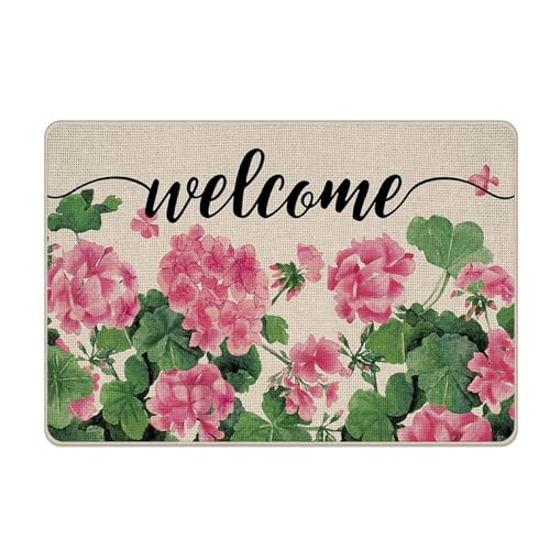 Welcome Spring Summer Geranium Flower Decorative Front Door Mat - color: Pink, size: 2' X 2'11" (Rectangular)