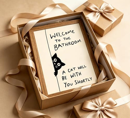 Framed Funny Cat Wall Art, Black White Animal Bathroom Painting, 12x16in - color: Black Cat, size: 12x16in