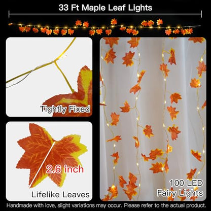 suddus 33 FT 100 LED Fall Garland with Lights Battery Operated Copper Wire - color: Maple, size: 100 LED-Battery