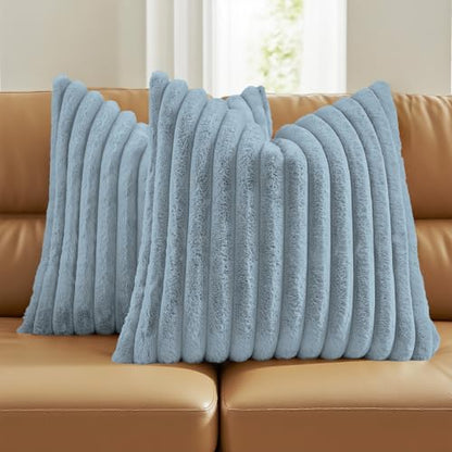 FUTEI Pack of 2 Faux Fur Throw Pillow Covers 18x18 Inch, Dusty Blue - color: Dusty Blue, size: 18" x 18" (Pack of 2)