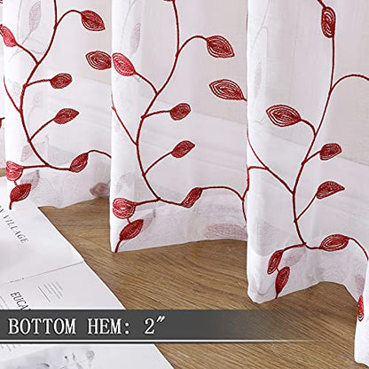 Tollpiz Leaves Sheer Tier Curtain Burgundy Red Leaf Embroidery Kitchen Half Curtains Rod Pocket Voile Faux Linen Embroidered Leaves Curtain for Bathroom, 30 x 36 inches Long, Set of 2 Panels - color: Burgundy Red, size: 30"W x 36"L (Pack of 2)