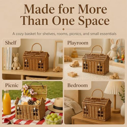 Rattan House Shape Storage Basket with Lid, Small Doll House, Decorative Hand Woven Shelf Organizer with Handle, Natural Harvest Wicker Basket for Picnics, Organizing, Storage (B, 1) - style: B