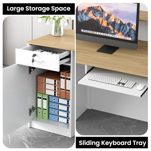 78.7" Reception Desk with Slat Panels for Office, Salon & Lobby - color: White/Oak, size: 78.7''L x 23.6''W x 39.3''H