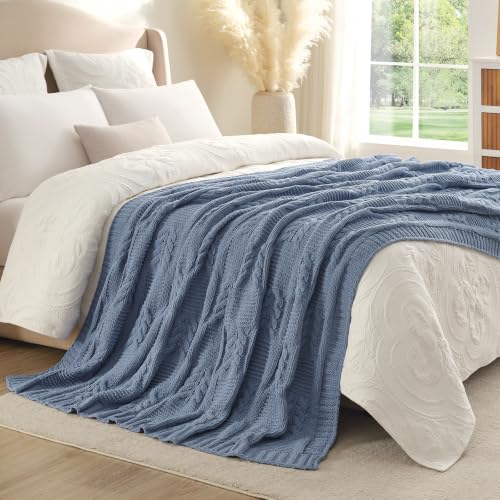 Amélie Home Chenille Knit Throw Blanket, Dusty Blue 60"x80" - color: Cable Dusty Blue, size: 60" X 80"