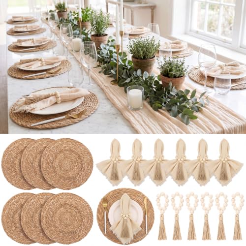 Fanfanwin Set of 6 Boho Woven Placemats with Khaki Napkins, 13 in - color: Khaki