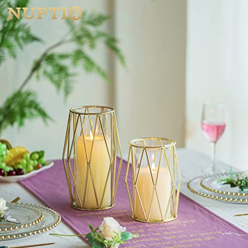 NUPTIO Gold Geometric Hurricane Glass Candle Holders, Set of 2 - color: Gold, size: XS+S