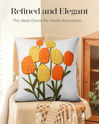 Embroidered Throw Pillow Cover, 18x18 Inch, Yellow Tulips - color: Yellow, size: 18" x 18" (Pack of 1)