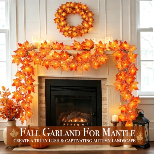 Fall Decor 2 Pack Fall Garland with Lights Enlarged Maple Leaves 20Ft 40LED - size: 2 Pack