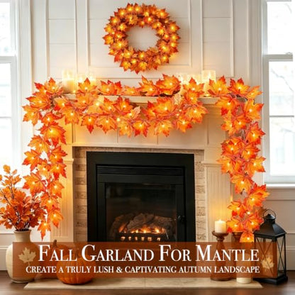 Fall Decor 2 Pack Fall Garland with Lights Enlarged Maple Leaves 20Ft 40LED - size: 2 Pack