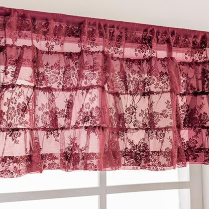 Kotile Burgundy Lace Ruffle Valance for Windows W52 x L18 Inch, 1 Panel - color: Burgundy - Ruffle Lace