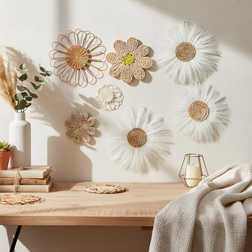 Chunful 7 Pcs Boho Wall Basket Decor Rattan Flower, Milky White - color: Milky White