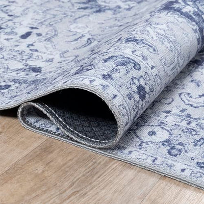 Bloom Rugs Washable Non-Slip 7 ft Runner - Gray/Blue Traditional Medallion Runner for Entryway, Hallway, Bathroom, and Kitchen - Exact Size: 2.5' x 7' - color: Gray / Blue, size: 2'6" x 7' (Runner)