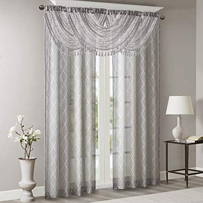 Madison Park Diamond Embroidered Sheer Ascot Valance, 38x46 Grey - color: Grey, size: 38"W x 46"L (Pack of 1)