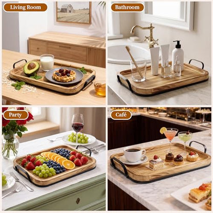 15 Inch Wood Serving Tray with Metal Handles, Sturdy Ottoman Tray - size: 15.3" x 9.3" x 2.5"