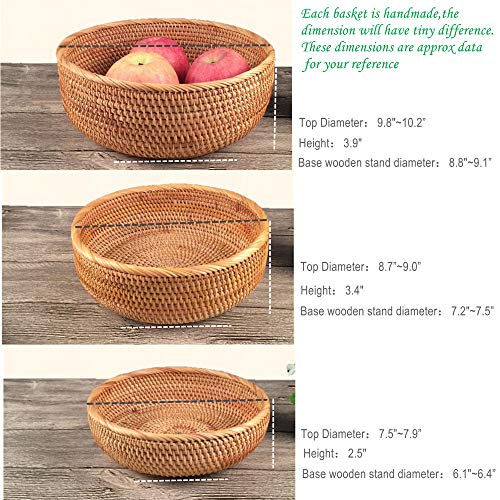 3 Pack Hadewoven Round Rattan Fruit Basket Wicker Food Tray Weaving Storage Holder Dinning Room Bowl, 10 Inch Small Wicker Basket Serving Tray Woven Basket for Bread,Snack,Brown(3-Size Kit) - size: 3-Size Kit (Includes 10")