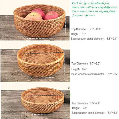 3 Pack Hadewoven Round Rattan Fruit Basket Wicker Food Tray Weaving Storage Holder Dinning Room Bowl, 10 Inch Small Wicker Basket Serving Tray Woven Basket for Bread,Snack,Brown(3-Size Kit) - size: 3-Size Kit (Includes 10")