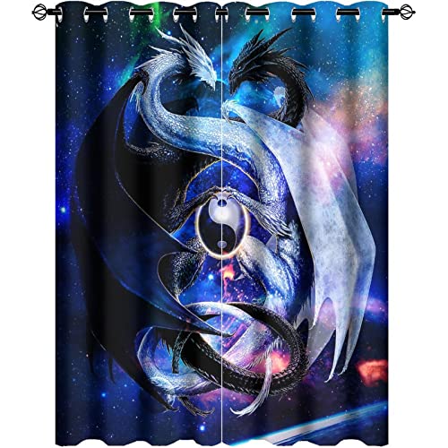 Cool Japanese Dragon Curtains for Bedroom - Fantasy Galaxy Cloud Black White Dragon Yin Yang Window Drapes,Energy Saving Blackout Grommet Curtains 2 Panels 54L x 21W - color: Cool Japanese Dragon, size: 42"W x 54"L (Pack of 1)