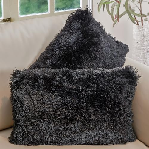 Cheer Collection Throw Pillows for Couch and Bed, Soft Shaggy Throw Pillows with Inserts Included, Cozy Long Hair Faux Fur Pillows - Set of 2-12" x 20" - Black - color: Black, size: 12" x 20"