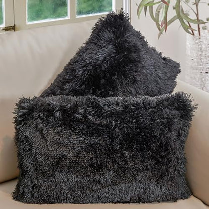 Cheer Collection Throw Pillows for Couch and Bed, Soft Shaggy Throw Pillows with Inserts Included, Cozy Long Hair Faux Fur Pillows - Set of 2-12" x 20" - Black - color: Black, size: 12" x 20"