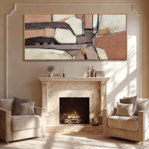 ZENPEE Brown & Grey Abstract Canvas Wall Art 32x71, Neutral Off-White Geometric Design with Wooden Frame, Modern Oversized wall art for living room - color: Brown & Beige, size: 70"L x 32"W