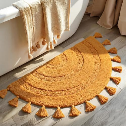 KOEXM Half Circle Boho Bathroom Rugs with Tassels 100% Cotton - color: Mustard Yellow, size: 1'10" x 3'1" (Semicircular)