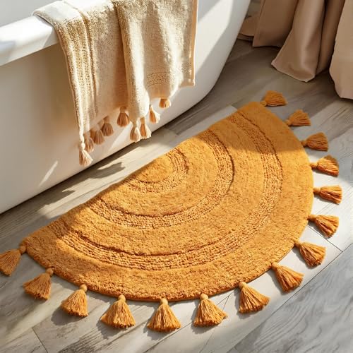 KOEXM Half Circle Boho Bathroom Rugs with Tassels 100% Cotton - color: Mustard Yellow, size: 1'10" x 3'1" (Semicircular)