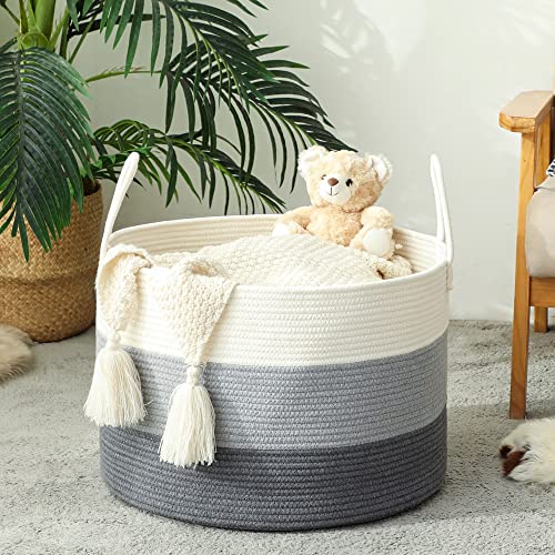 KAKAMAY Large Blanket Basket (20"x13"),Woven Baskets for storage Baby Laundry Hamper,Cotton Rope Blanket Basket for Living Room, Laundry, Nursery, Pillows, Baby Toy chest with Handles (White/Grey) - color: White and Grey