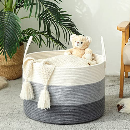 KAKAMAY Large Blanket Basket (20"x13"),Woven Baskets for storage Baby Laundry Hamper,Cotton Rope Blanket Basket for Living Room, Laundry, Nursery, Pillows, Baby Toy chest with Handles (White/Grey) - color: White and Grey