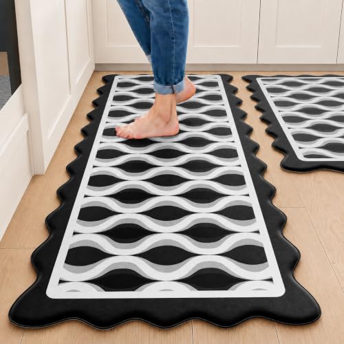 Arenarug Scalloped Wavy Lattice Kitchen Mats for Floor, Black Kitchen Rugs - color: Midnight Black, size: 17.3"x30"+17.3"x47"
