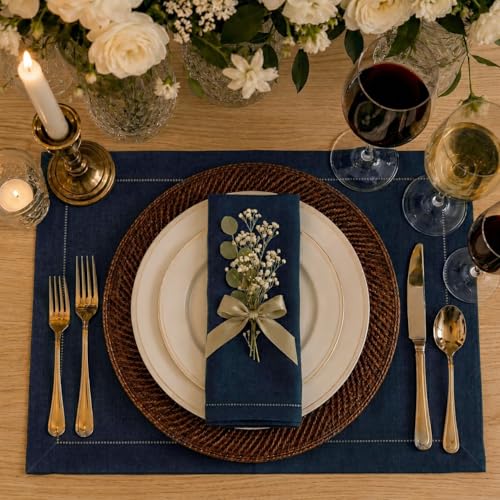 Signature Linen™ by D'Moksha, Navy Blue Placemats Set of 4, 14 x 19 Inch, 100% Pure Linen Table Mats, Hemstitch, Machine Washable Cloth Placemats- Fall, Weddings, Outdoor Hosting - color: Navy Blue, size: Set of 4 (14 X 19 Inch)