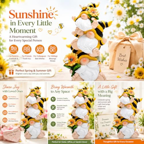 Hodao Stacked Bee Gnome Figurine Resin Sunflower Farmhouse Decor Indoor - style: Stacked Bee Gnome
