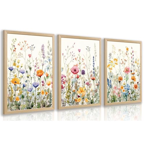 Grajoy Wood Framed Watercolor Botanical Floral Wall Art 16x24 Inch Set of 3 - color: Wildflower, size: 24"L x 16"W