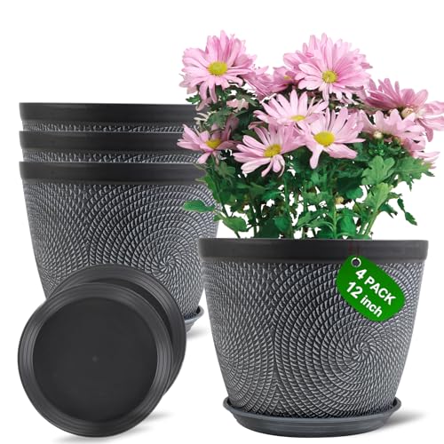 Quarut 12 in Large Plant Pot,Plastic Flower Pots with Drainage Hole &Saucer - color: Gray, size: 12 Inch