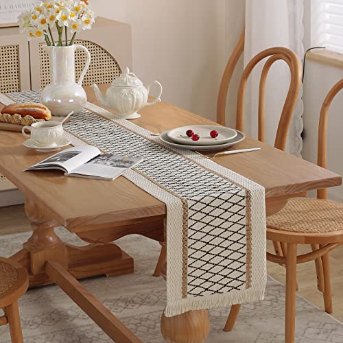 Boho Burlap Macrame Table Runner, Farmhouse Style Cotton Linen Rustic Woven Table Runner with Tassels for Dining, Wedding, Bridal Shower, Bohemian (12x72 inch, Black Grid) - color: Black Grid, size: 12x72 inch