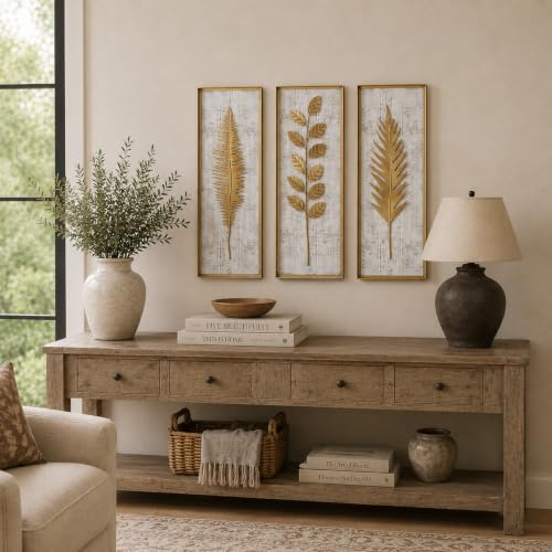 Deco 79 Metal Leaf Home Wall Decor Framed 3D Wall Sculpture with Distressed Wood Backing, Set of 3 Wall Art 12"W, 32"H, Gold - size: 12"L x 2"W