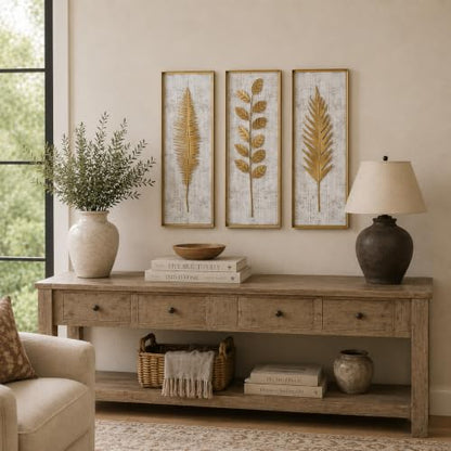 Deco 79 Metal Leaf Home Wall Decor Framed 3D Wall Sculpture with Distressed Wood Backing, Set of 3 Wall Art 12"W, 32"H, Gold - size: 12"L x 2"W