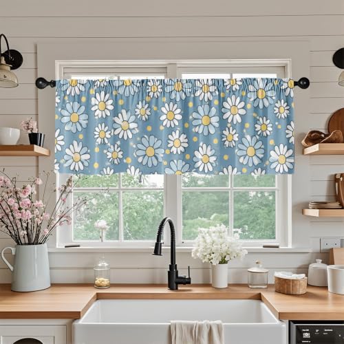 Daisy Floral Blackout Window Valance Curtain, Blue Yellow Boho Design - color: Flower 7, size: 52"W x 18"L (Pack of 1)