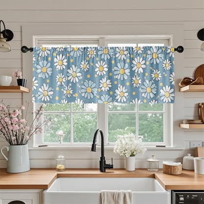 Daisy Floral Blackout Window Valance Curtain, Blue Yellow Boho Design - color: Flower 7, size: 52"W x 18"L (Pack of 1)