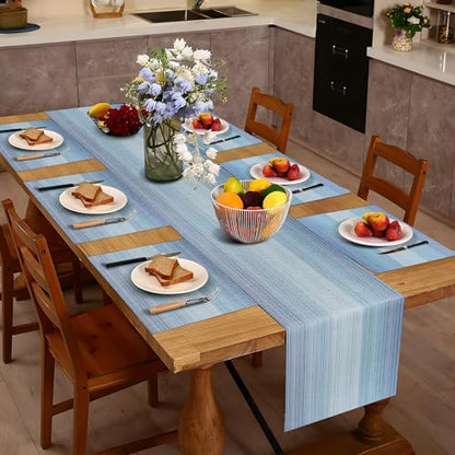 Aofmee Table Runner and Placemats Set of 6 Washable, Heat Resistant Place Mats with Table Runner, Woven Vinyl Table Placemats for Dining Table, Stain Resistant Kitchen Table Mats Sets, Easy to Clean - color: Stripe-blue, size: Set of 7