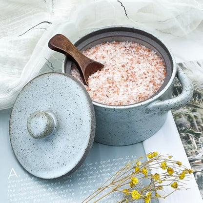 12 oz Ceramic Salt Cellar with Lid & Wooden Spoon,Countertop Salt Container,Sugar Bowl,Spices Jar| Artisan Kitchen Decor(Gray) - color: Gray B